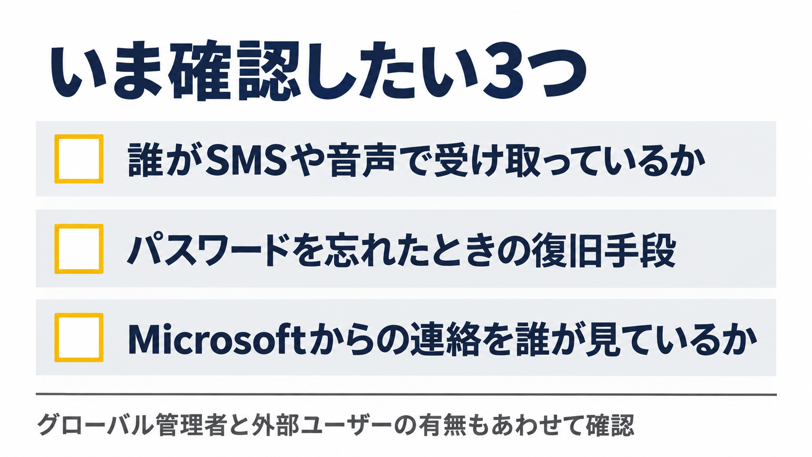 いま確認したい3つとして、誰がSMSや音声で受け取っているか、パスワードを忘れたときの復旧手段、Microsoftからの連絡を誰が見ているかを並べたチェックリストの図